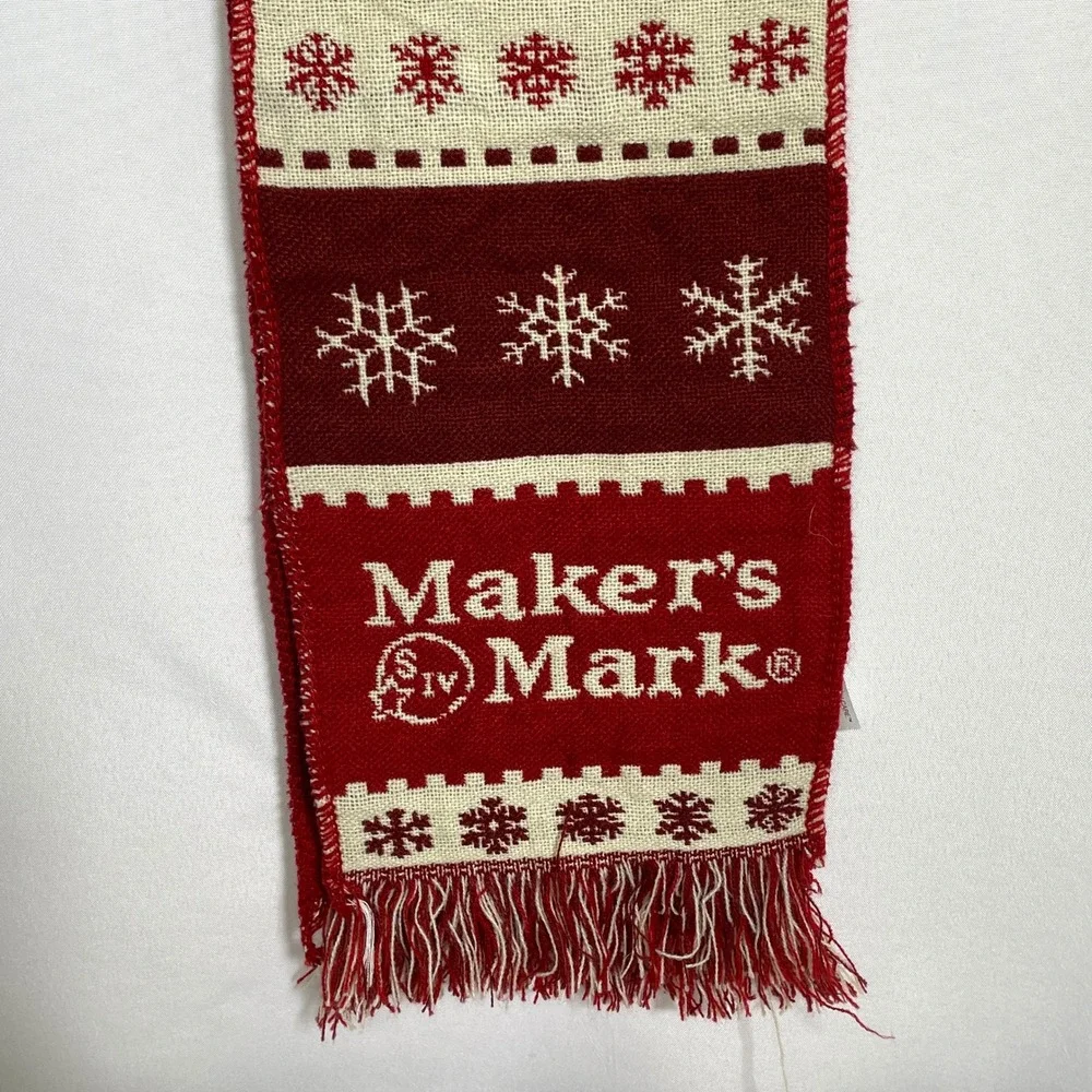 Maker's Mark Bourbon Whiskey Red Cream Snowflake Wagon Fringe Holiday Knit Scarf